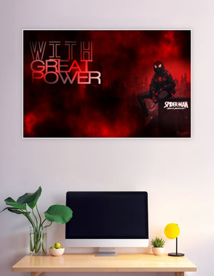 Spider-Man Miles Morales sitting on a rooftop in a black hoodie against a dramatic red cityscape with the text 'With Great Power' on a premium matte wall poster