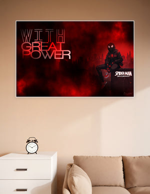 Spider-Man Miles Morales sitting on a rooftop in a black hoodie against a dramatic red cityscape with the text 'With Great Power' on a premium matte wall poster