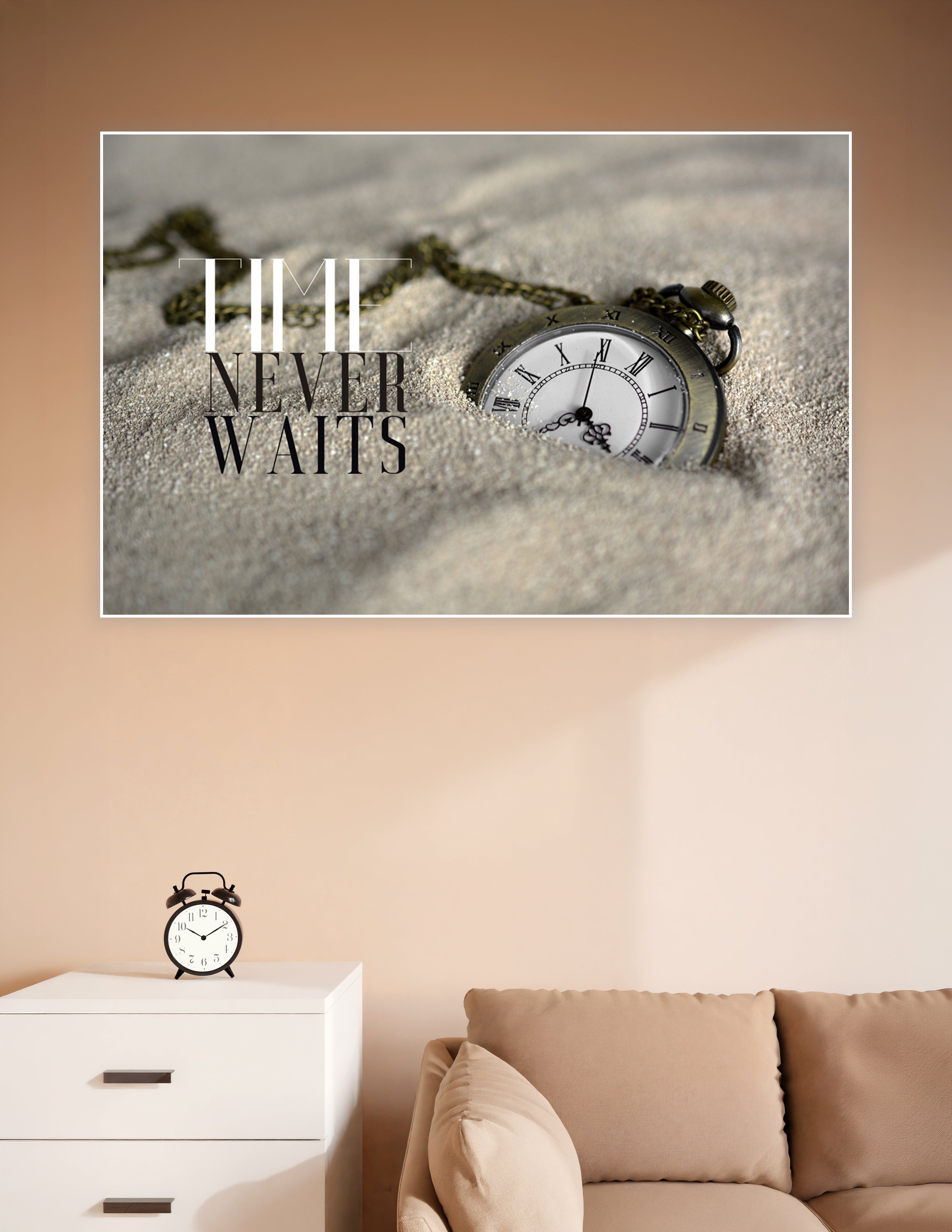 Vintage brass pocket watch resting in sand with bold 'Time Never Waits' motivational typography poster print