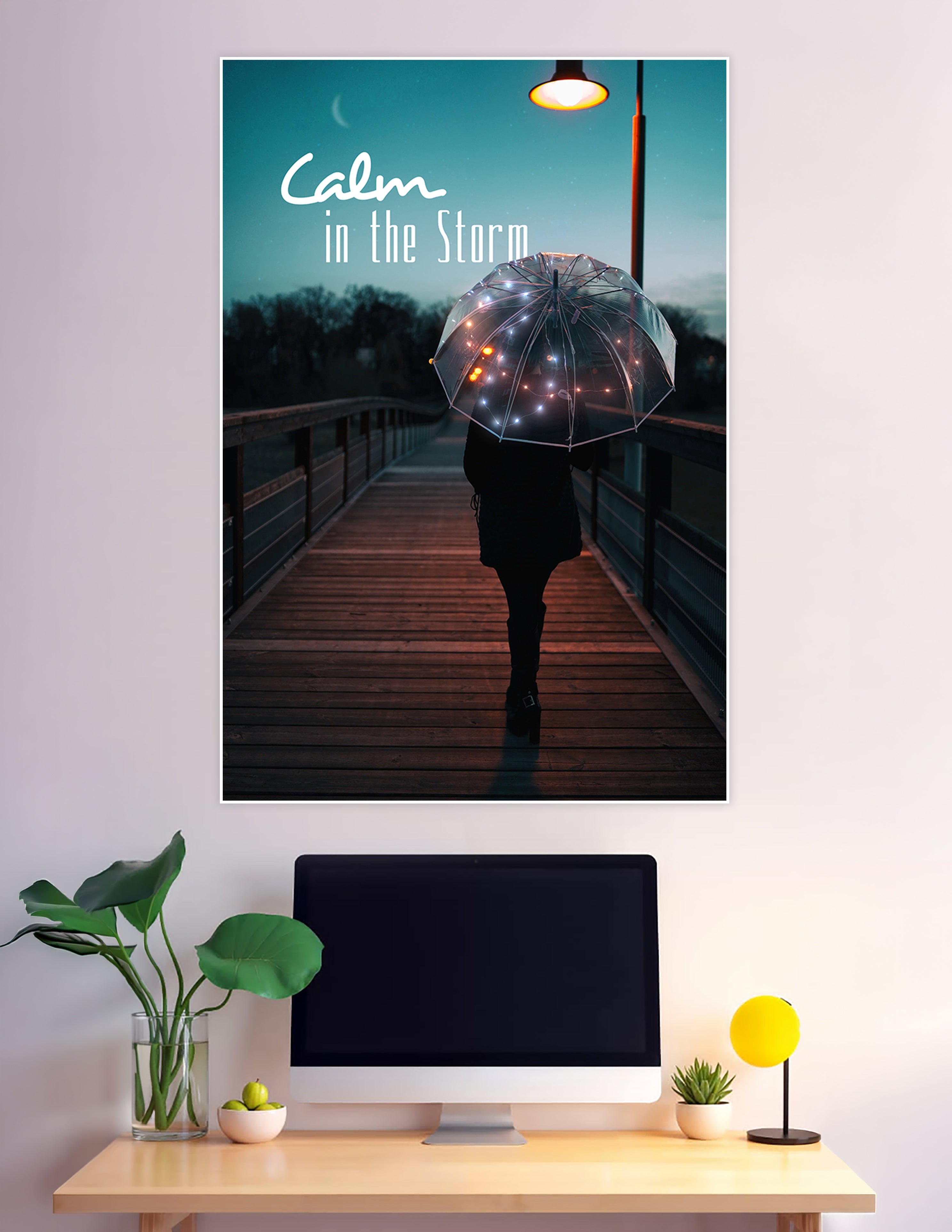 Person walking on a wooden boardwalk at twilight holding a transparent umbrella with fairy lights under a glowing street lamp with text reading Calm in the Storm