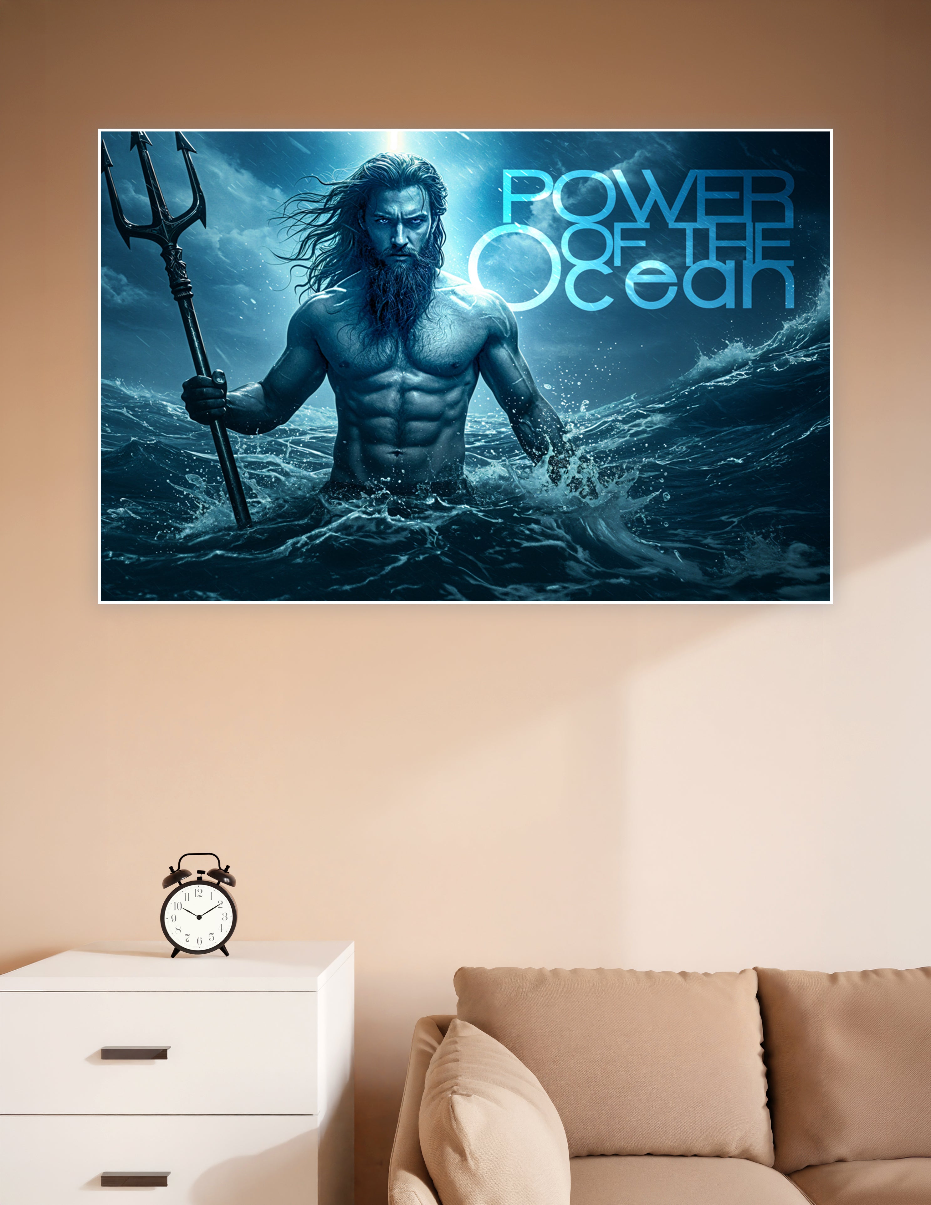 Cinematic poster of a Poseidon-like figure rising from stormy ocean waves holding a trident, with deep blue tones and the text Power of the Ocean