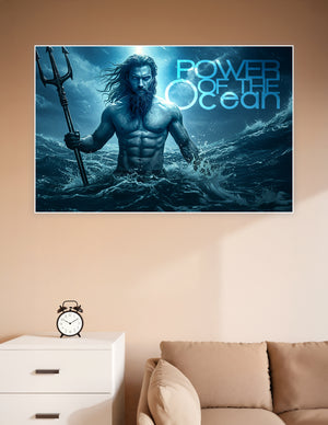 Cinematic poster of a Poseidon-like figure rising from stormy ocean waves holding a trident, with deep blue tones and the text Power of the Ocean