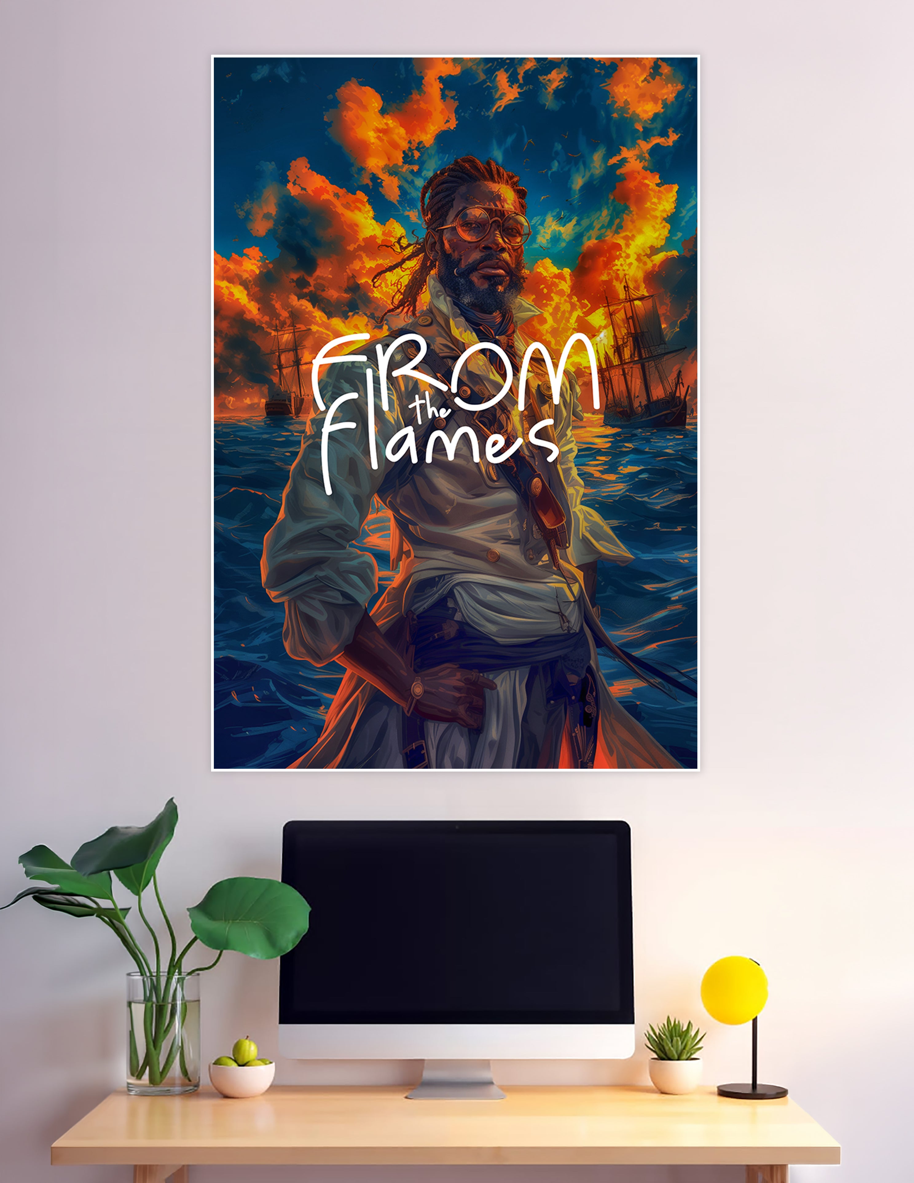 Pirate captain standing before burning ships on ocean
