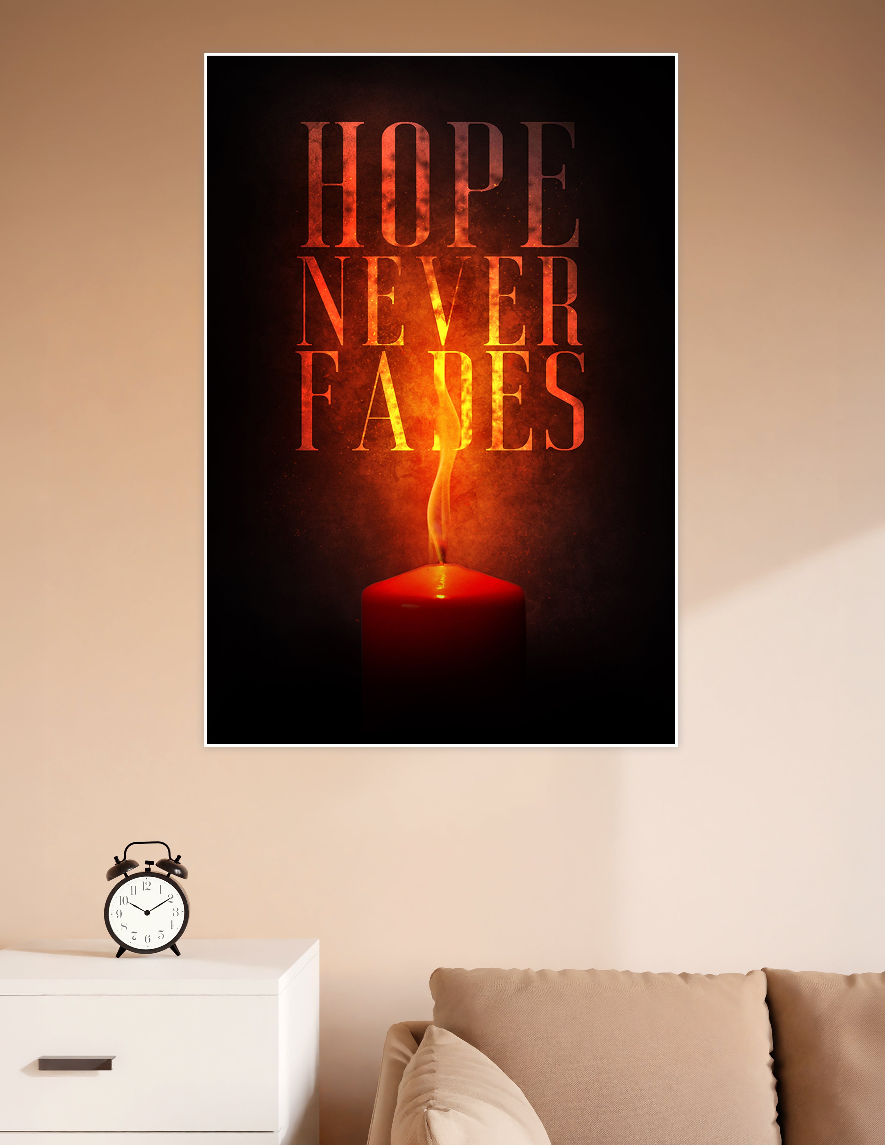 Hope Never Fades motivational poster featuring a glowing red candle flame with bold fiery typography on a dark black background