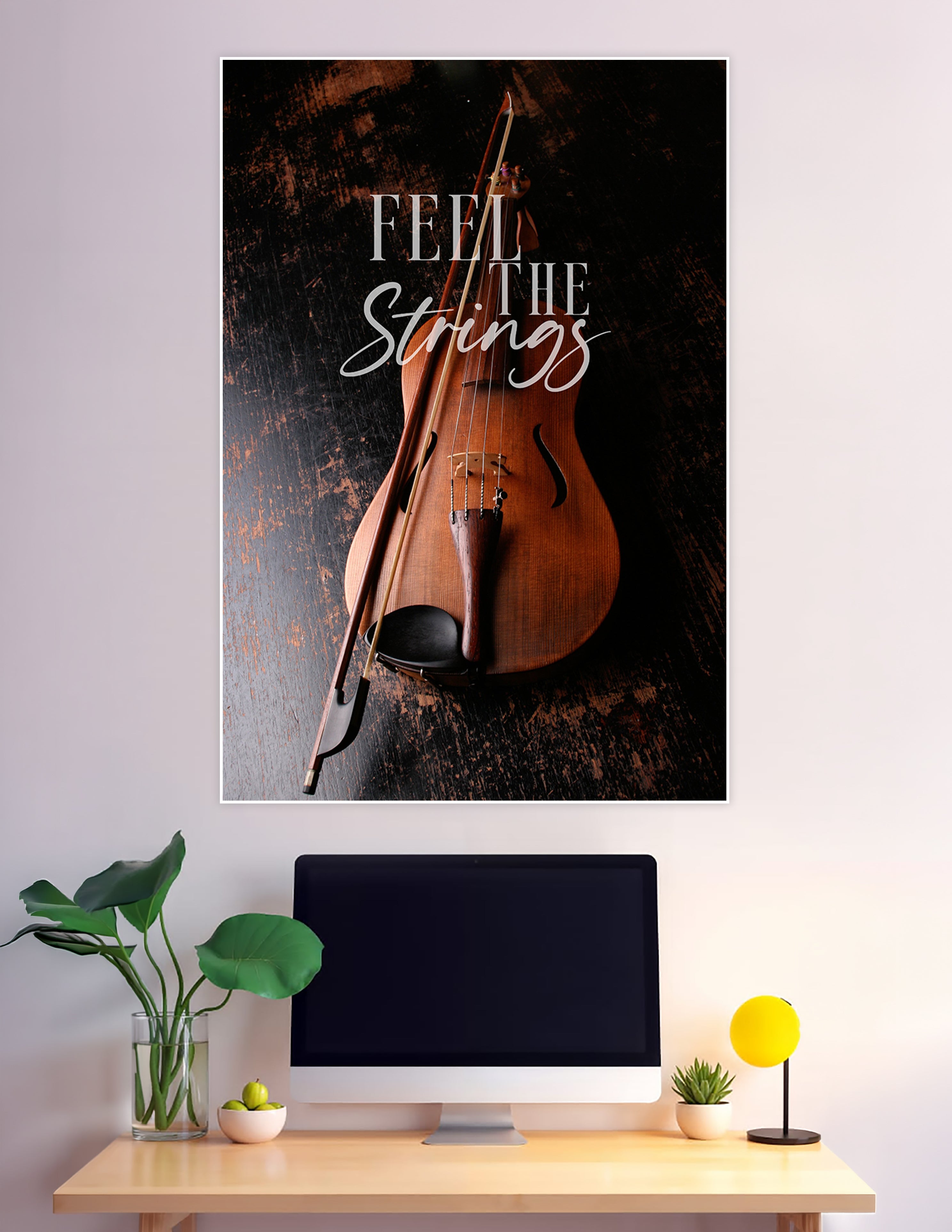 Close-up of a warm-toned violin and bow on a dark rustic wooden surface with the text 'Feel The Strings' overlaid in elegant typography