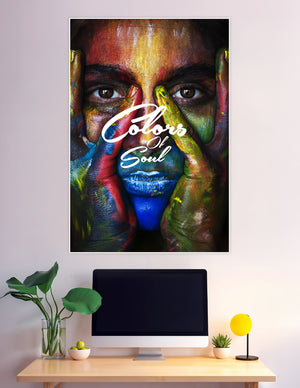 Close-up of a face covered in vivid multicolor paint with hands framing the face, titled Colors of Soul — a bold expressive art poster