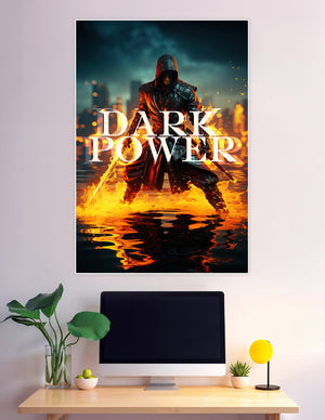 Dark Power poster featuring a hooded warrior in black armor wielding flaming weapons, crouched over a reflective water surface with a fiery city skyline in the background