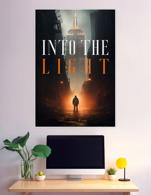 Cinematic poster of a lone figure walking toward a glowing New York City skyline at night with bold orange typography reading Into The Light