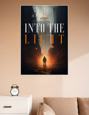 Cinematic poster of a lone figure walking toward a glowing New York City skyline at night with bold orange typography reading Into The Light