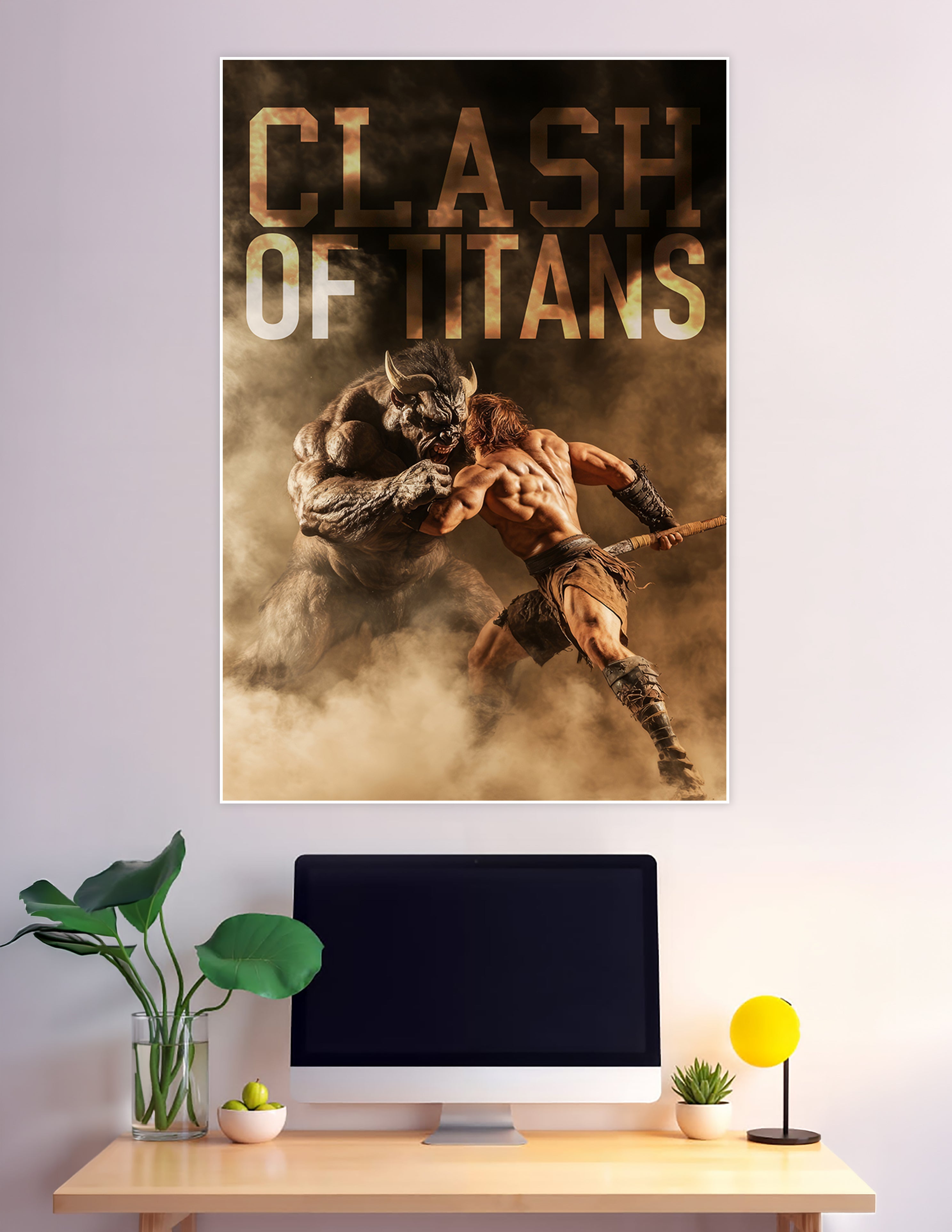 Clash of Titans poster showing a muscular warrior fighting a horned demon beast amid golden smoke and fire