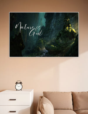 Lord Shiva moss-covered statue meditating in a mystical canyon with waterfalls and the text 'Nature is God' – spiritual wall poster