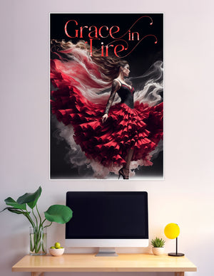 Flamenco dancer in a sweeping red ruffled gown surrounded by dramatic smoke on a black background with the title Grace in Fire