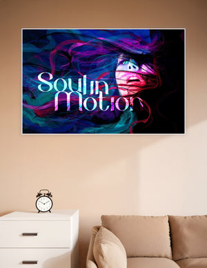 Abstract digital art poster of a woman's face surrounded by swirling waves of blue, purple, and red with the text Soul In Motion