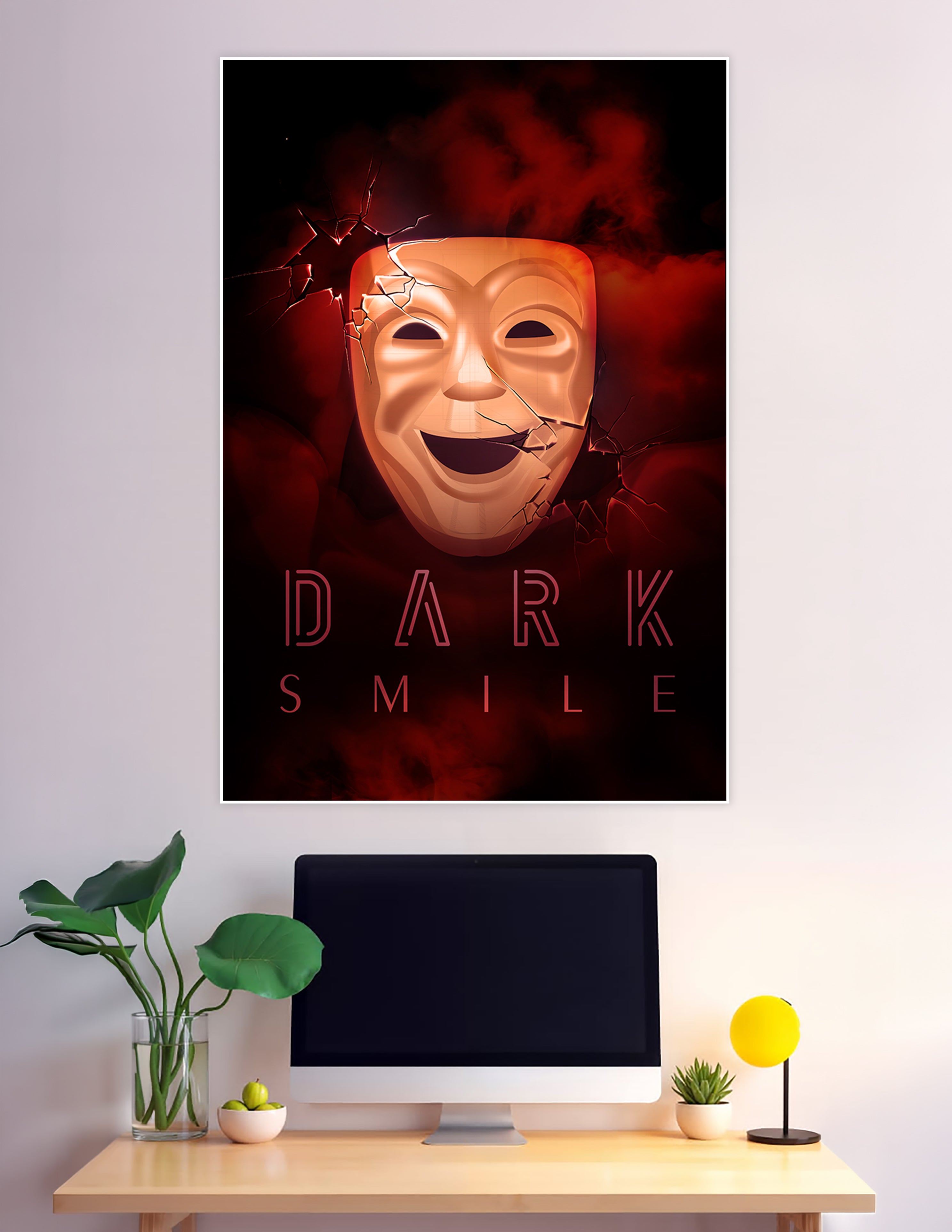 Dark Smile poster featuring a cracked golden comedy mask breaking through a shattered surface surrounded by deep red smoke on a black background
