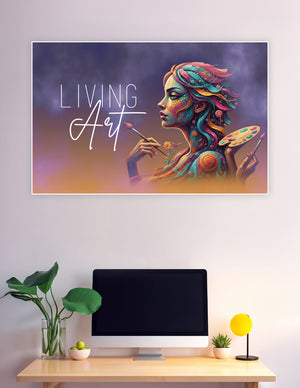 Colorful fantasy illustration of a woman with swirling teal, gold, and pink patterns on her body, holding a paintbrush and artist palette, titled Living Art