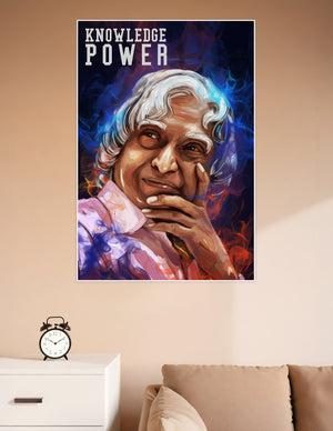 Artistic painted portrait poster of Dr. APJ Abdul Kalam with blue and red flame background and the text Knowledge Power
