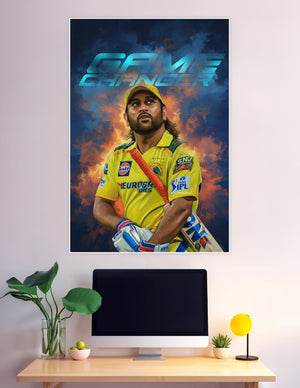 Digital fan art poster of a CSK cricket batsman in yellow IPL jersey with flame background and 'Game Changer' text