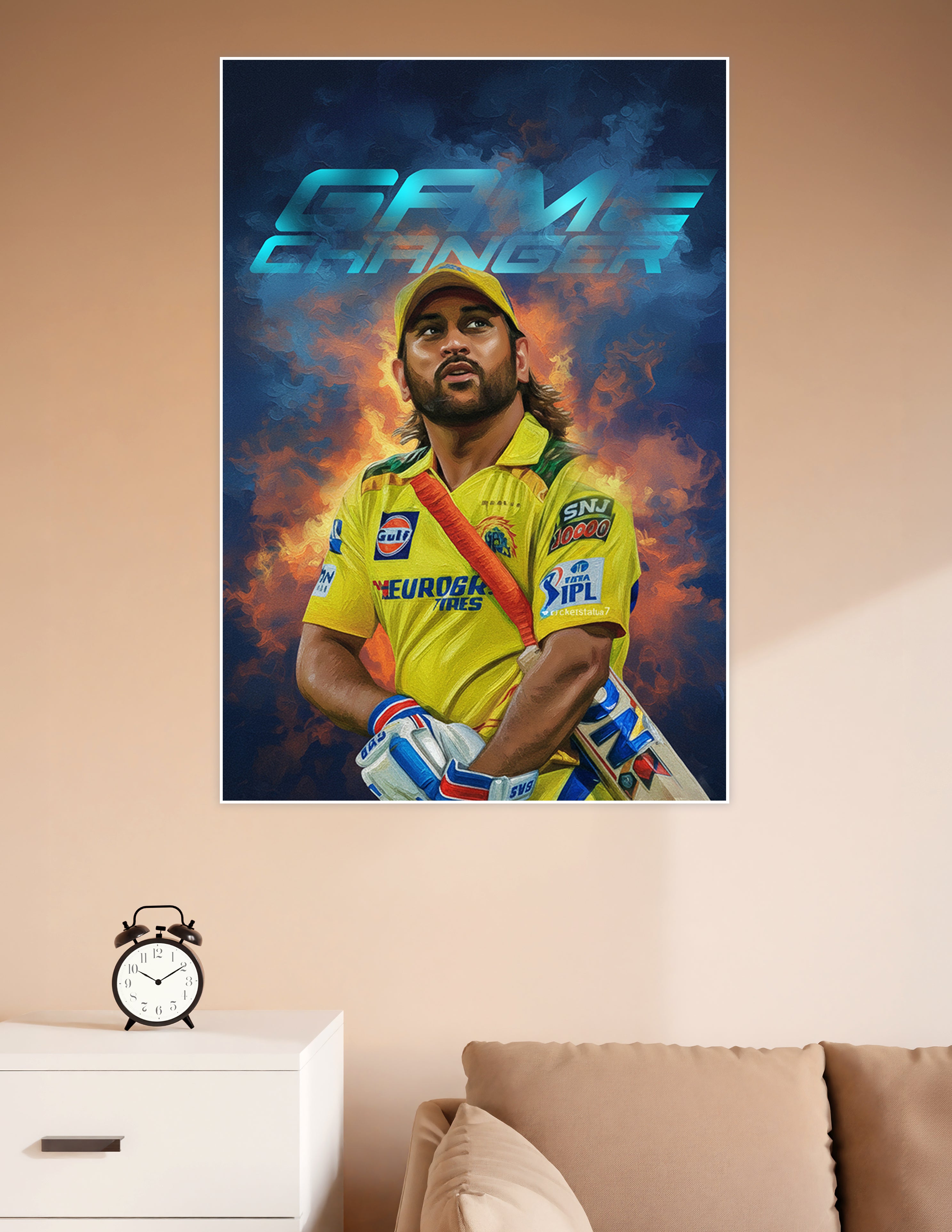 Digital fan art poster of a CSK cricket batsman in yellow IPL jersey with flame background and 'Game Changer' text