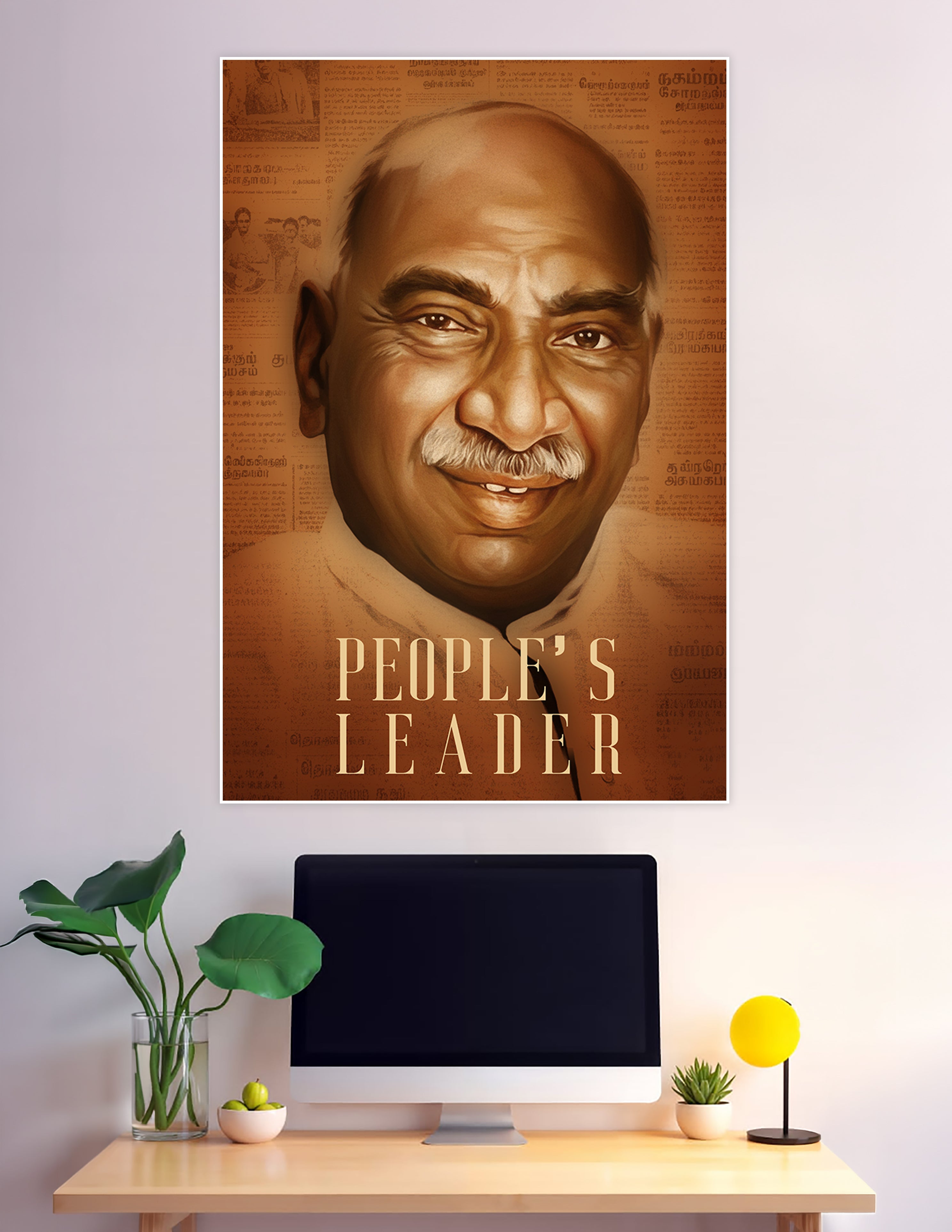 Sepia-toned portrait poster of a smiling Tamil people's leader with vintage Tamil newspaper background and bold 'People's Leader' title