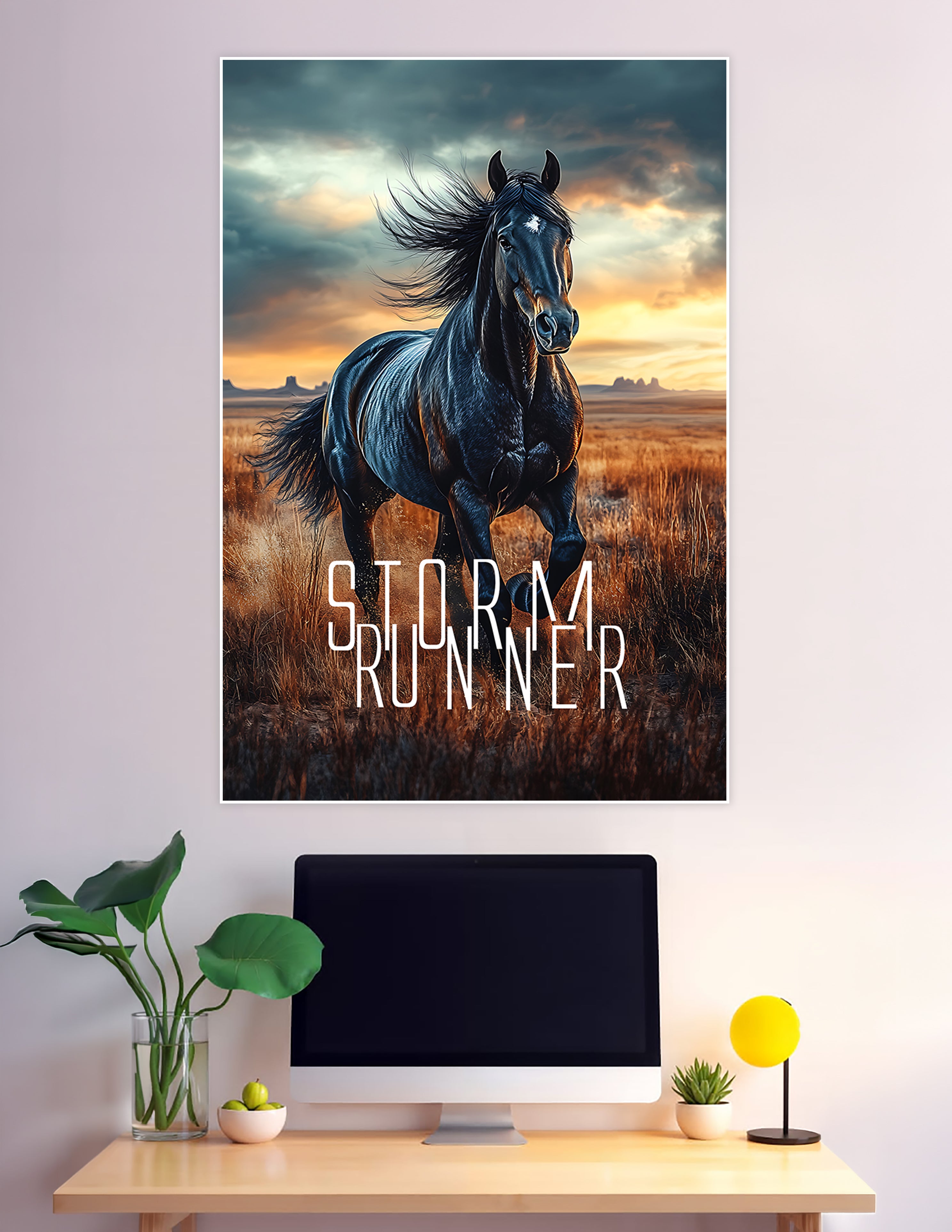 Black stallion running through golden plains at stormy sunset