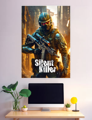 Futuristic armored tactical soldier with glowing red visor holding a rifle in a fiery urban warzone, Silent Killer gaming poster