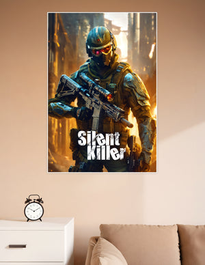 Futuristic armored tactical soldier with glowing red visor holding a rifle in a fiery urban warzone, Silent Killer gaming poster