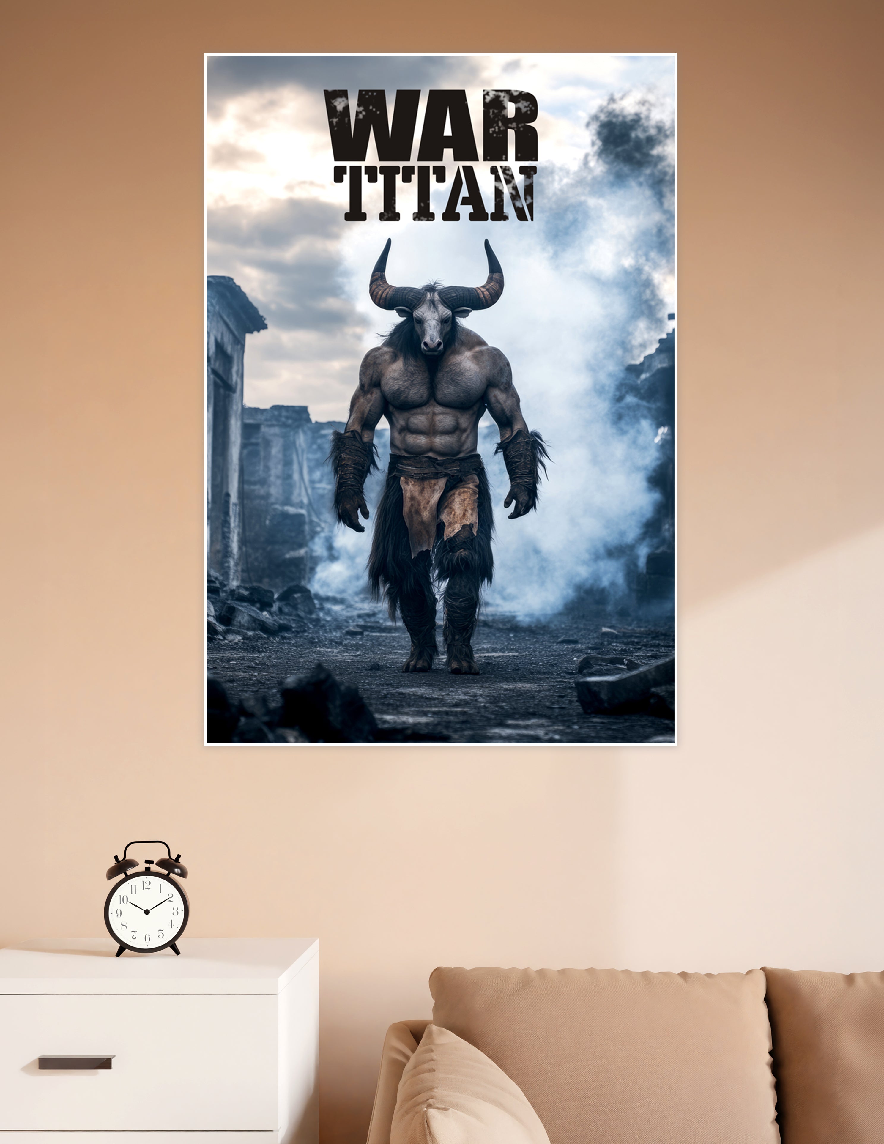 A muscular minotaur war titan walking through smoky ancient ruins with bold 'War Titan' text above, dramatic blue-grey cinematic poster art