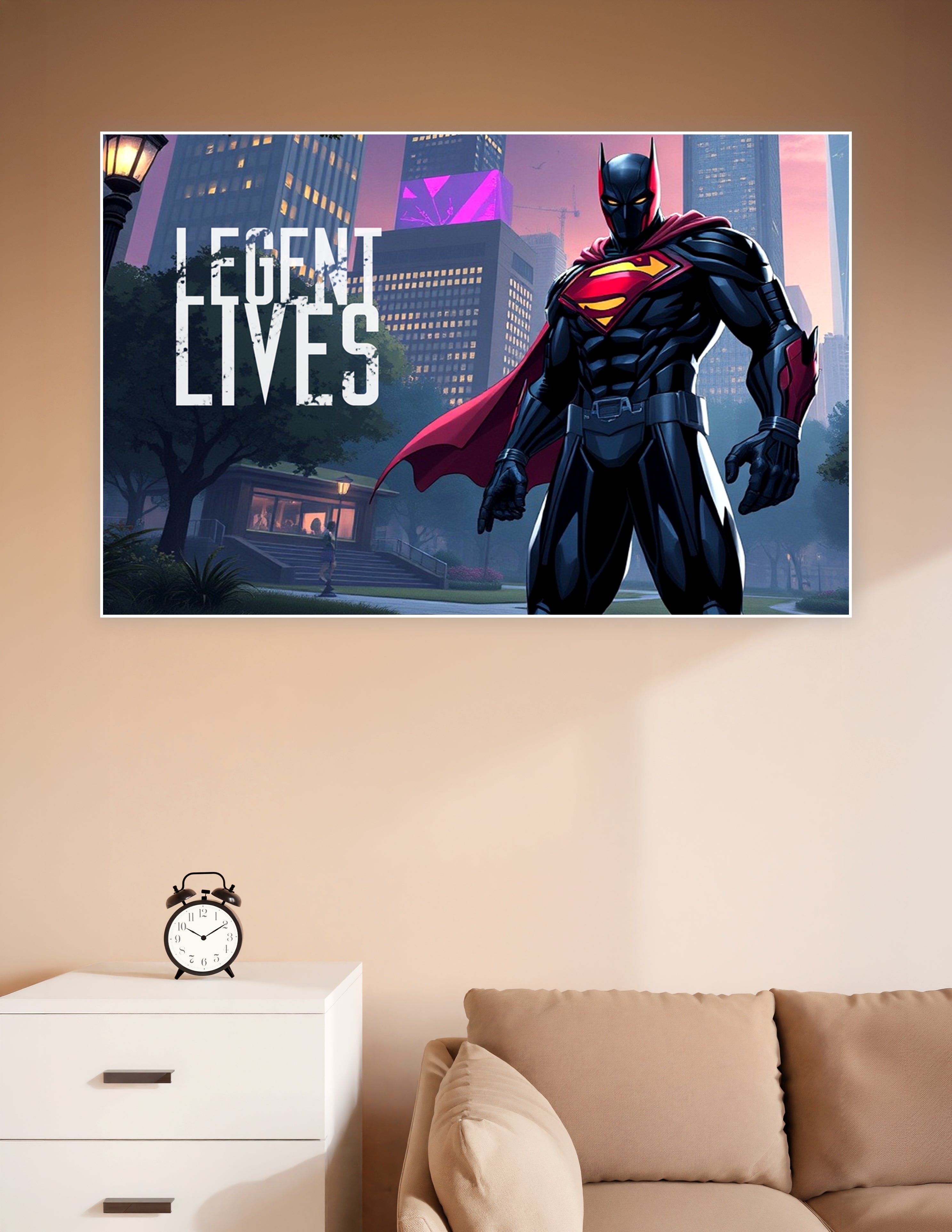 Dark armored superhero wearing bat cowl and Superman shield standing in front of a glowing city skyline at dusk with red cape and text reading Legend Lives