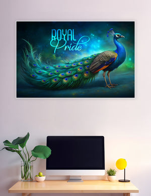 Royal Pride fantasy peacock poster with vivid teal and blue feathers on a mystical dark background with glowing bokeh lights