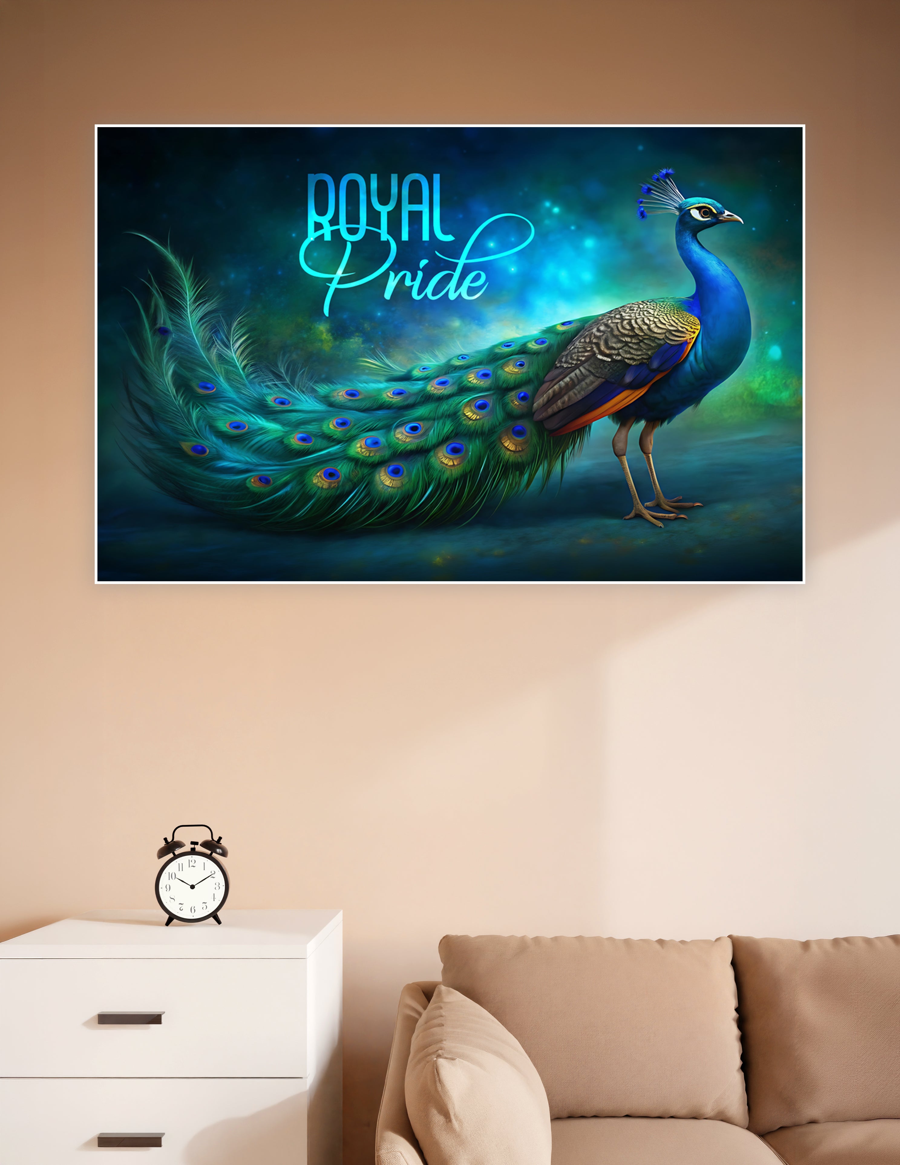 Royal Pride fantasy peacock poster with vivid teal and blue feathers on a mystical dark background with glowing bokeh lights