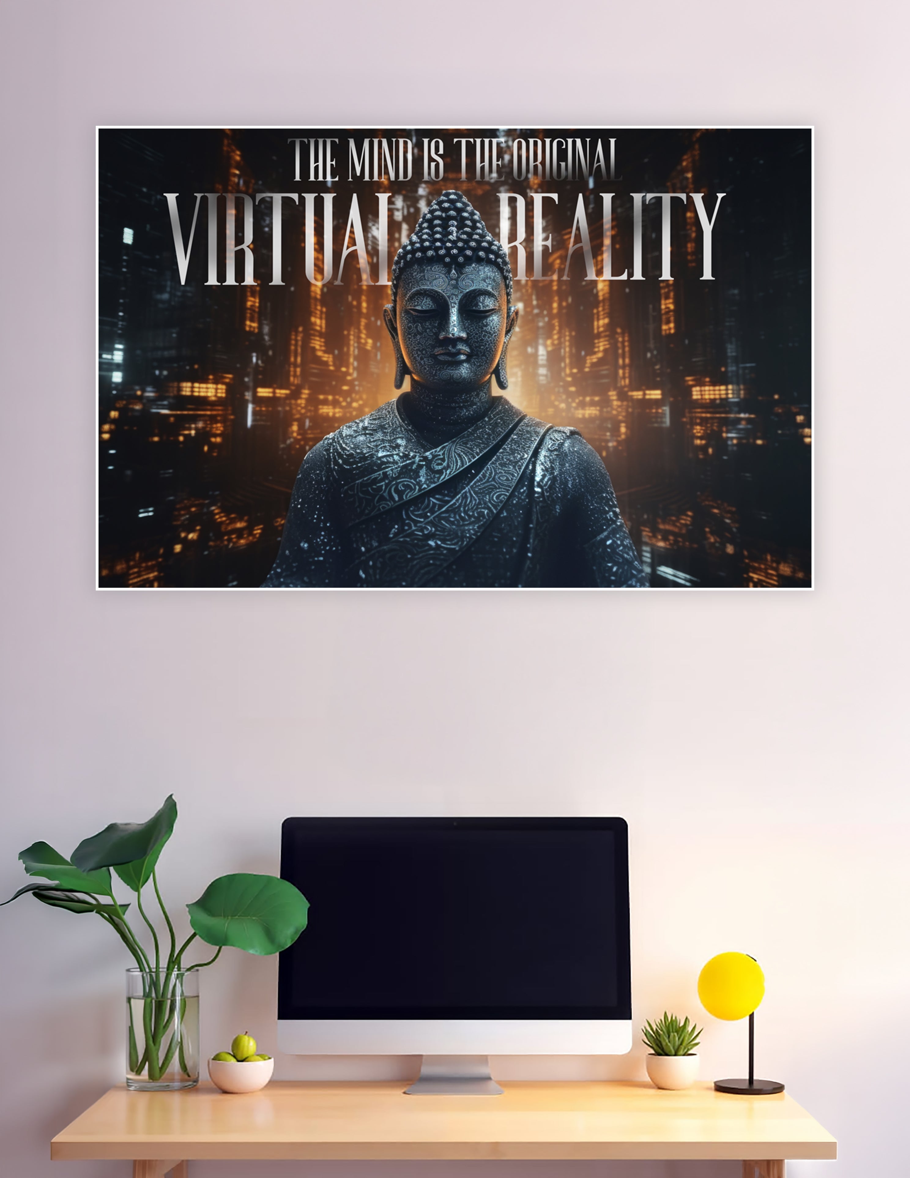A dark, intricately carved Buddha statue set against a glowing cyberpunk cityscape with the quote 'The Mind Is The Original Virtual Reality' in bold typography