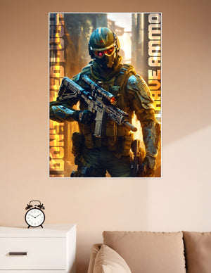 Futuristic cyber soldier in tactical armor with glowing red visor holding a rifle, surrounded by fire and bold text reading Don't Need Ammo, gaming wall poster