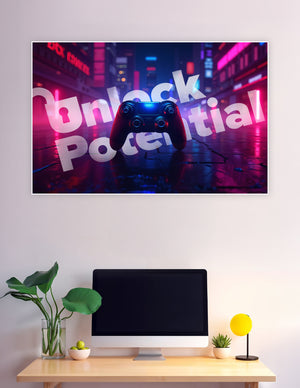 Cyberpunk neon cityscape gaming poster with a game controller silhouette and bold 'Unlock Potential' typography in blue, pink, and purple tones