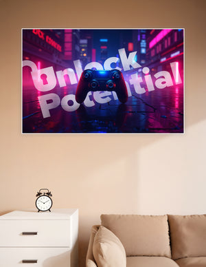Cyberpunk neon cityscape gaming poster with a game controller silhouette and bold 'Unlock Potential' typography in blue, pink, and purple tones
