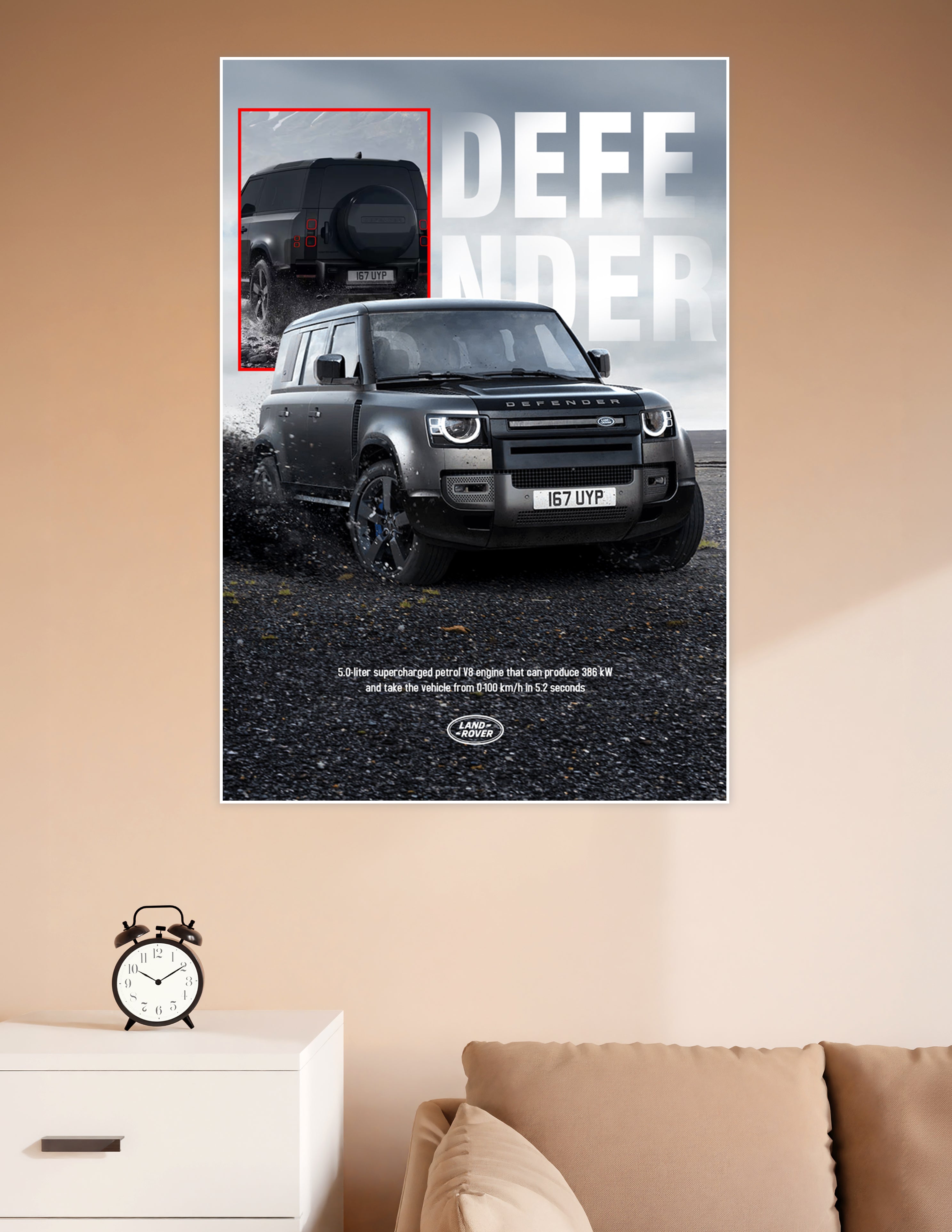 Land Rover Defender V8 supercharged SUV dramatic off-road poster with front and rear views and performance specs