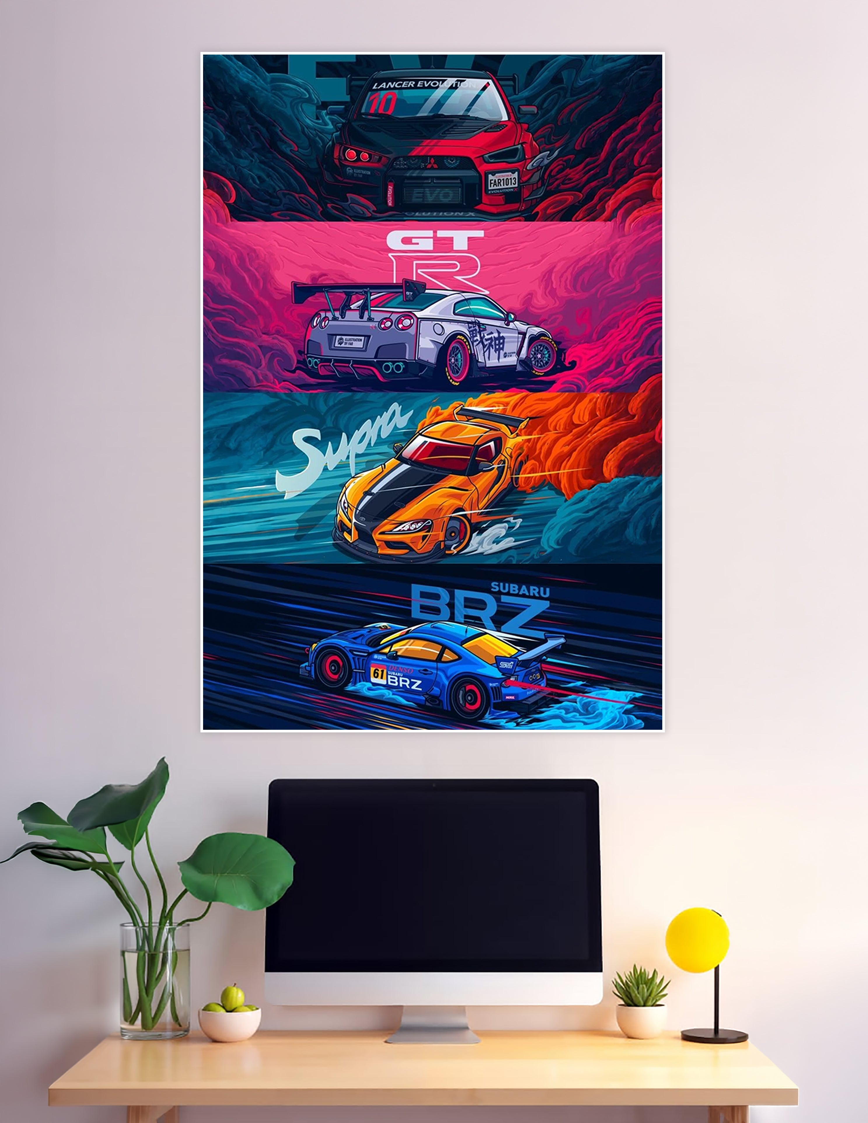 Illustrated JDM legends poster featuring Mitsubishi Lancer Evolution X, Nissan GT-R, Toyota Supra, and Subaru BRZ in vibrant comic-art style with smoke and flames