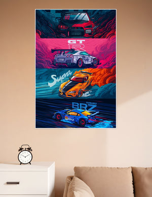 Illustrated JDM legends poster featuring Mitsubishi Lancer Evolution X, Nissan GT-R, Toyota Supra, and Subaru BRZ in vibrant comic-art style with smoke and flames