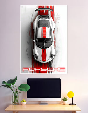 Top-down artistic poster of a white Porsche 918 Spyder with a bold red racing stripe on a white background with the Porsche logo
