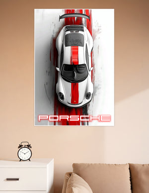 Top-down artistic poster of a white Porsche 918 Spyder with a bold red racing stripe on a white background with the Porsche logo