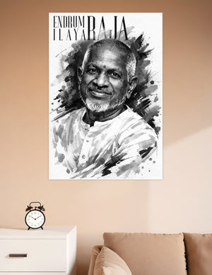Black and white watercolor style portrait poster of legendary Indian music composer Ilayaraja with bold brush stroke background and 'Endrum Ilayaraja' text