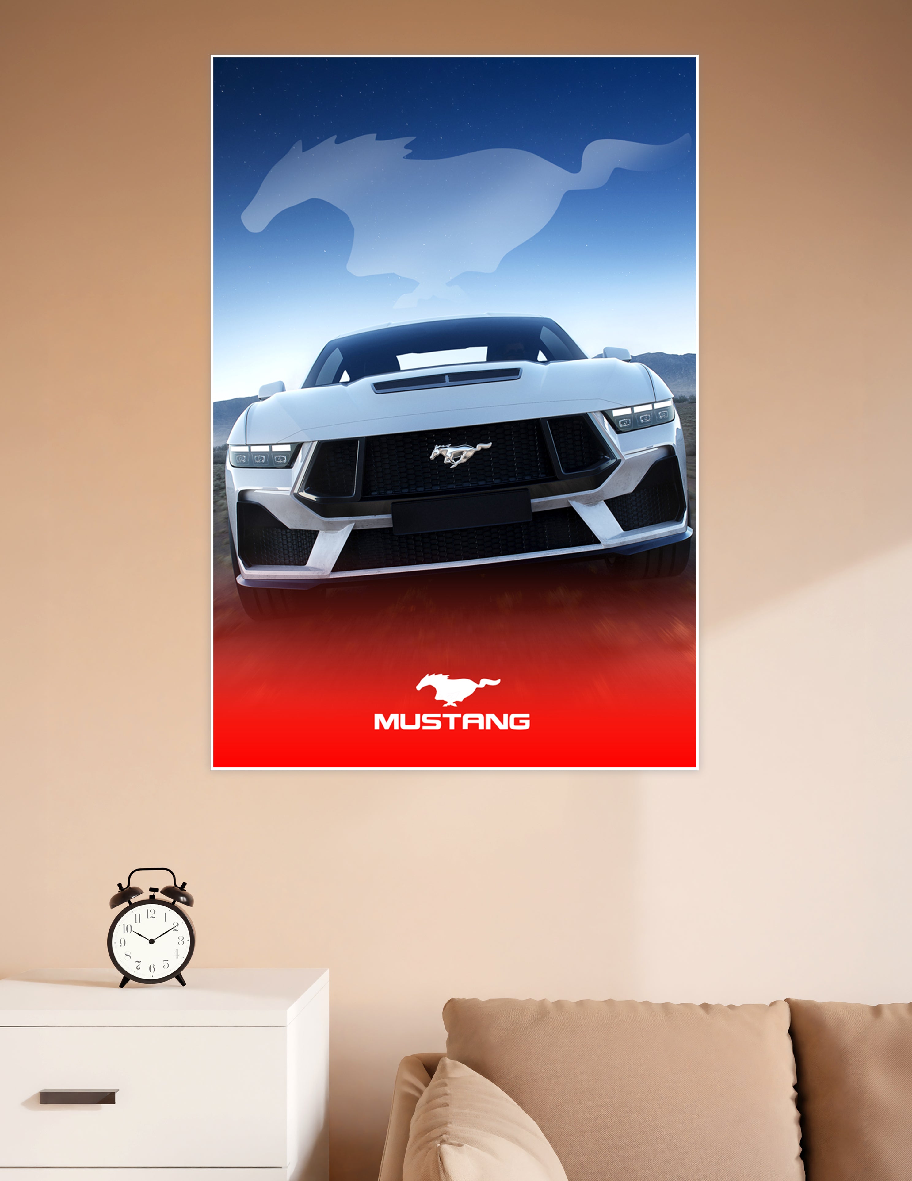 Front-facing white Ford Mustang sports car poster with blue starlit sky background and running horse logo