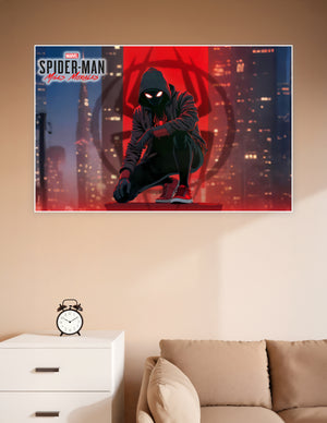 Miles Morales Spider-Man in a black hoodie crouching against a glowing red New York City skyline with the spider symbol in the background