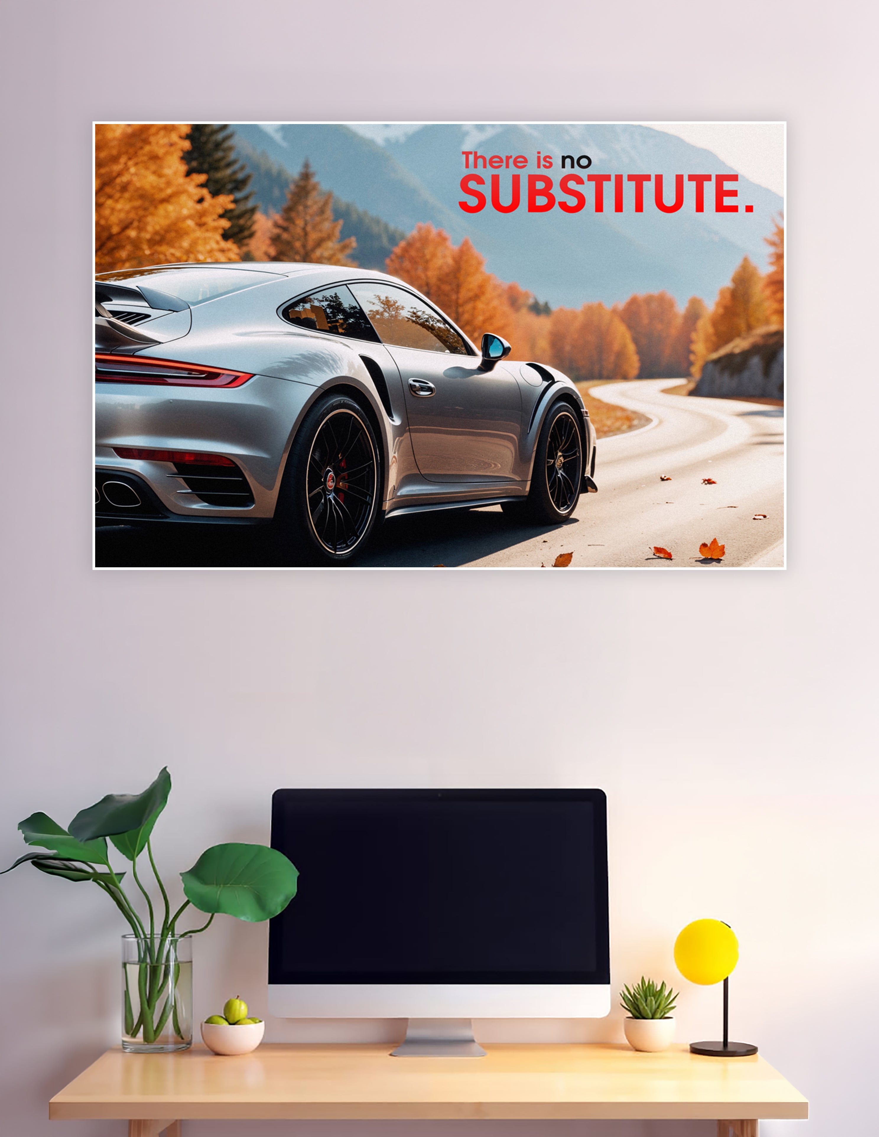 Silver Porsche 911 Turbo on an autumn mountain road with the text 'There is no SUBSTITUTE' — premium automotive wall poster