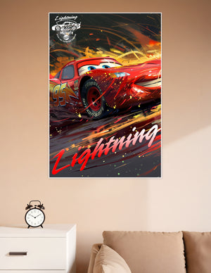 Lightning McQueen No. 95 red race car speeding through flames in a dynamic Pixar Cars fan art poster