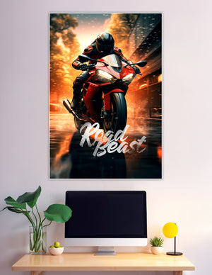 Road Beast poster featuring a red superbike rider speeding through a fiery urban cityscape with bold script typography