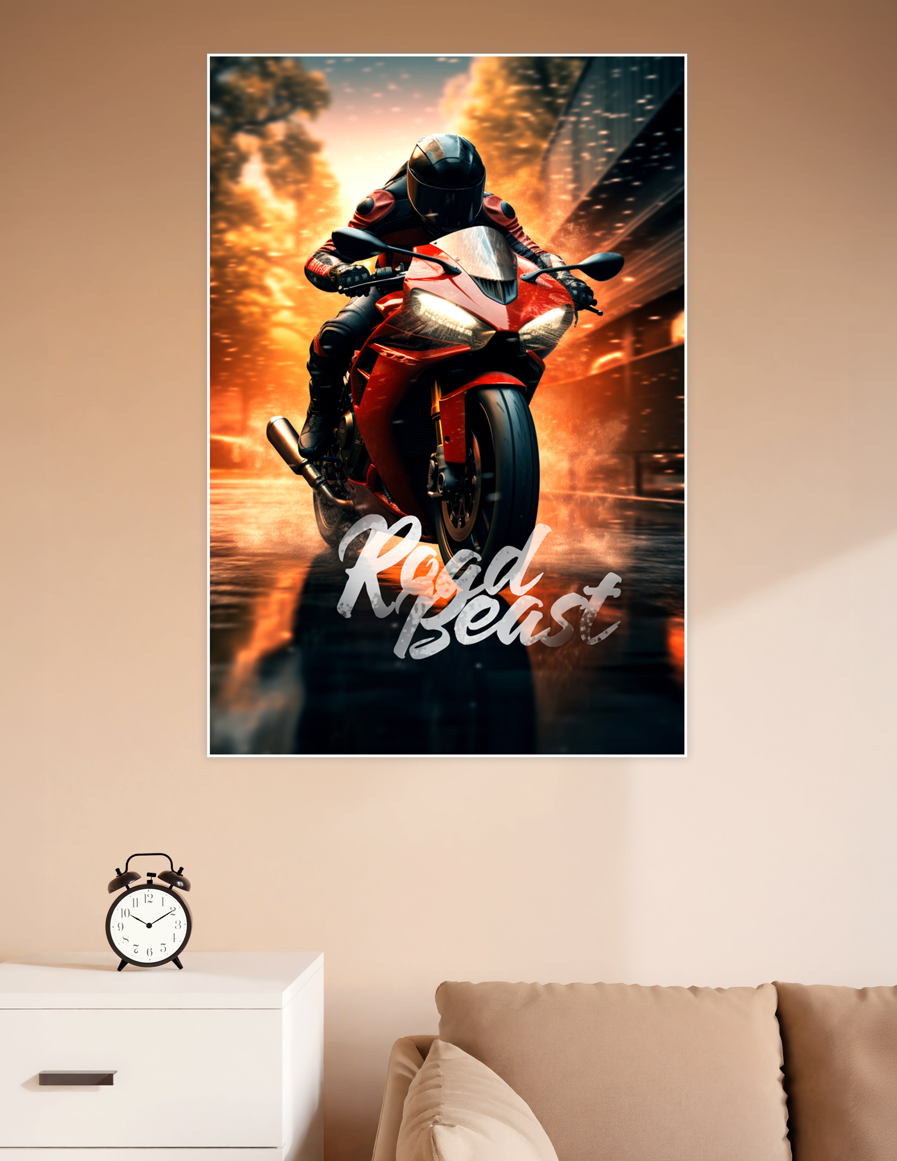 Road Beast poster featuring a red superbike rider speeding through a fiery urban cityscape with bold script typography