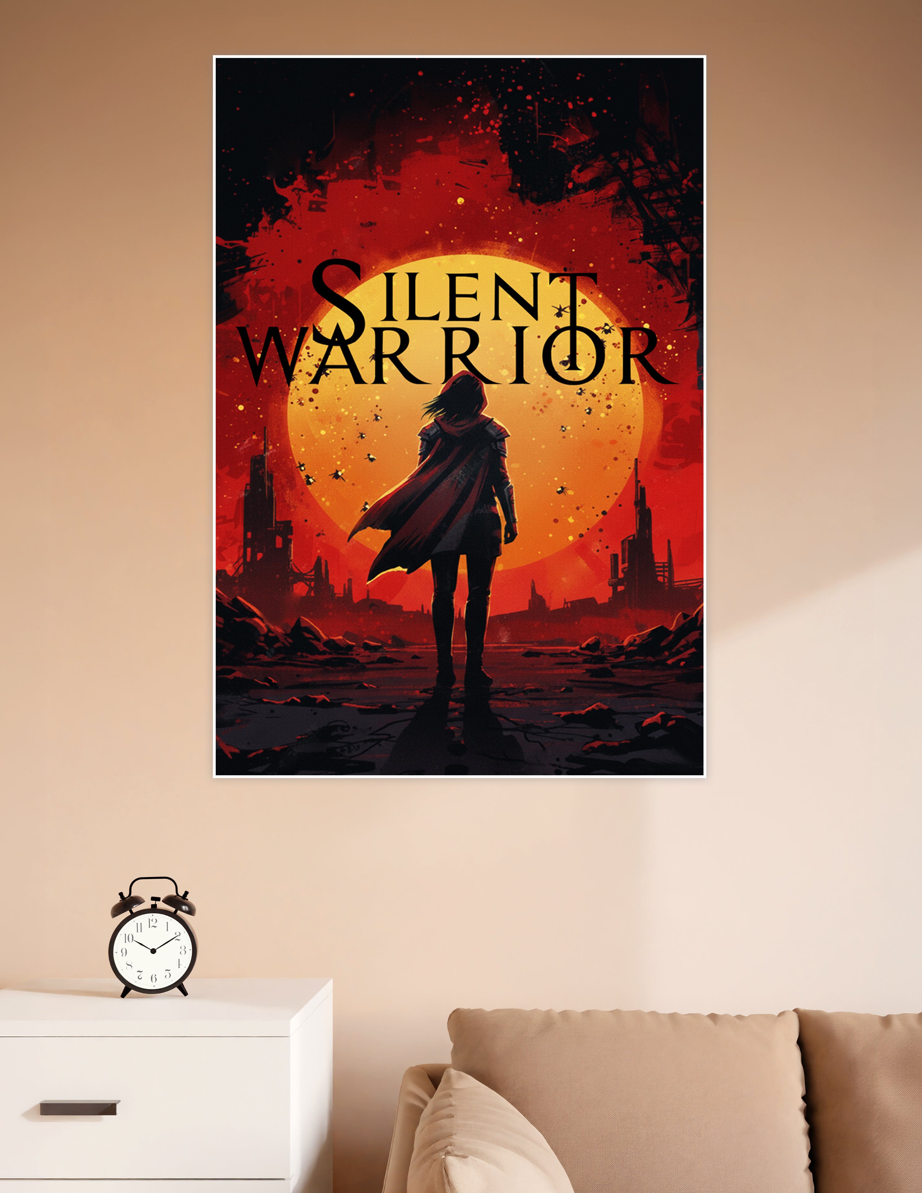Silent Warrior fantasy poster showing a cloaked female warrior silhouetted against a glowing golden sun in a fiery red dystopian sky with ruined buildings