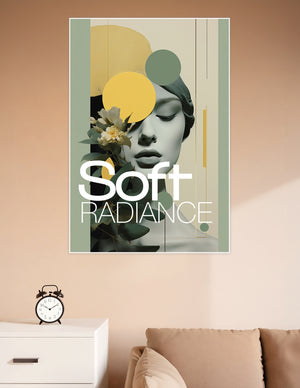 Modern art poster featuring a serene black-and-white female portrait with golden circles, sage green geometric shapes, and white floral botanicals on a cream background with the text Soft Radiance