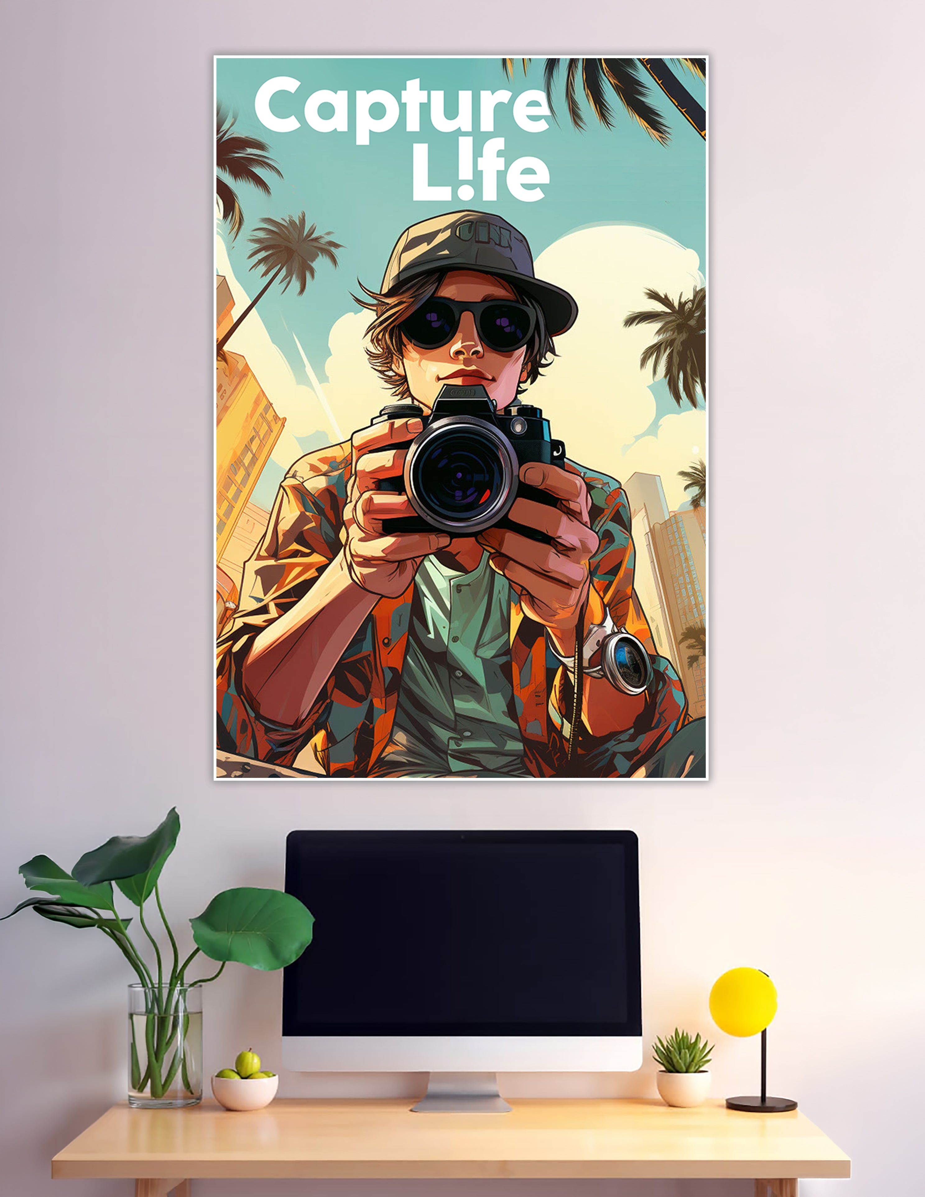 Retro comic style photographer holding camera urban poster