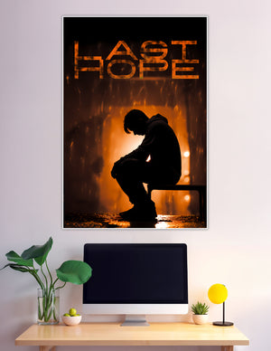 Dark motivational poster titled Last Hope showing a lone silhouette of a person sitting with head bowed against a dramatic fiery orange glowing background